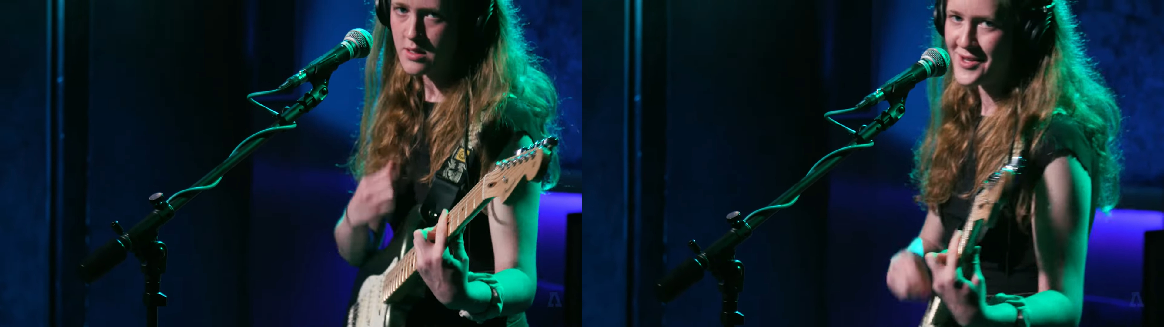 Two screenshots of Sidney Gish playing Impostor Syndrome. In the first, she has a stern look on her face. In the second, she is laughing.