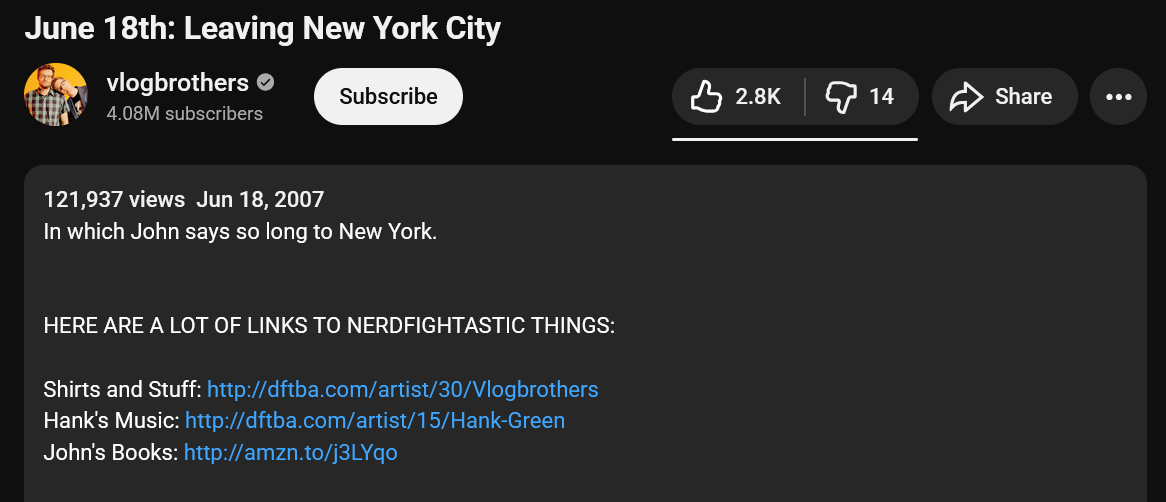Screenshot of the description for the YouTube video 'June 18th: Leaving New York City'.